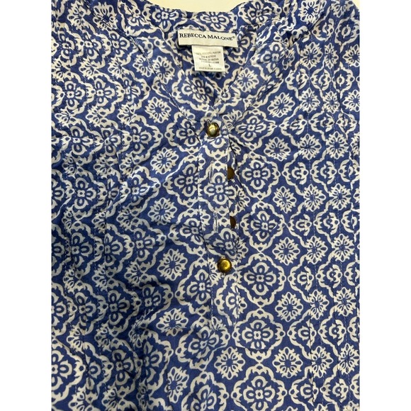 Rebecca Malone Blouse Womens Large Blue White Medallion Print Rayon Button Top - Picture 3 of 6